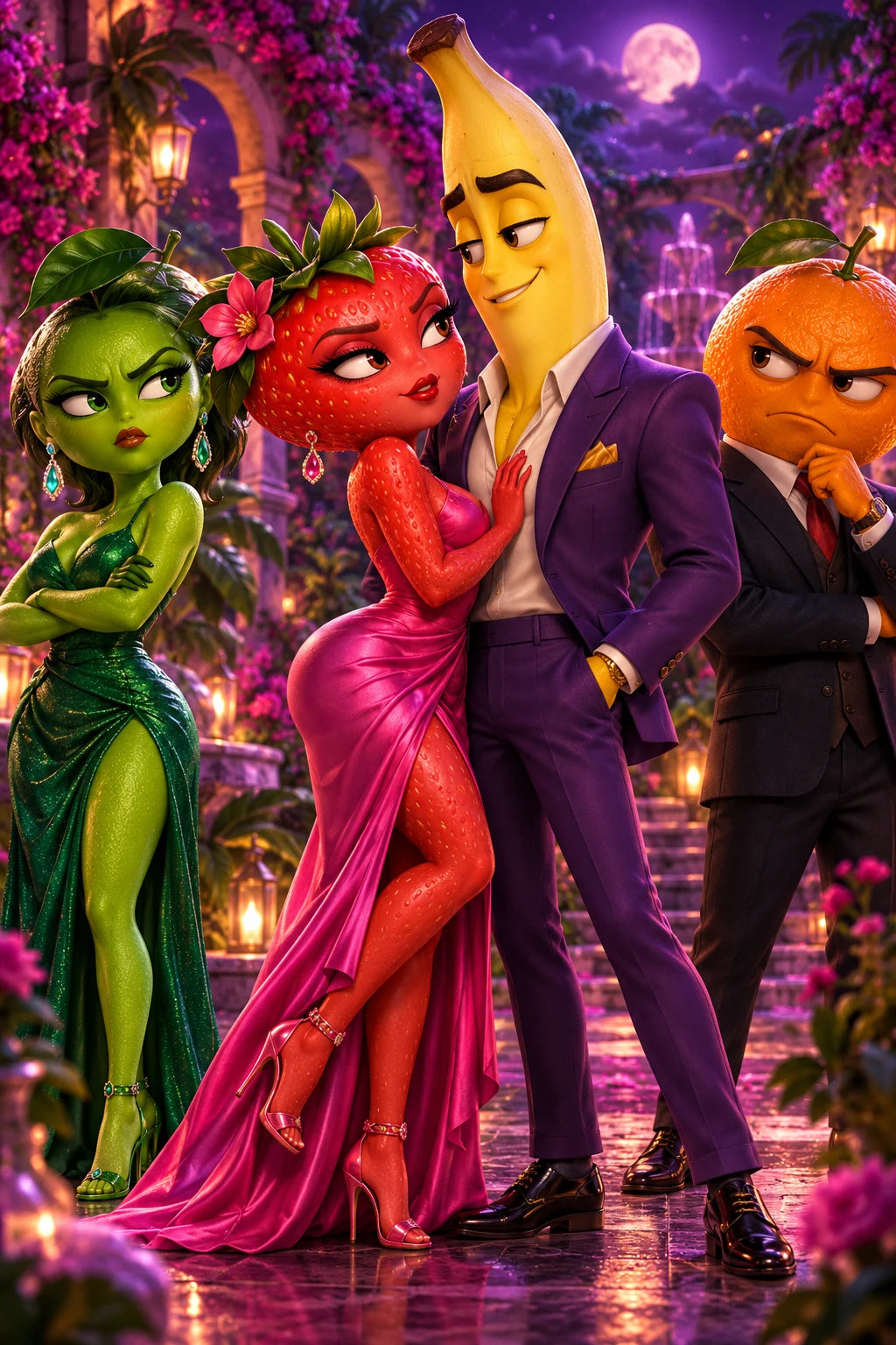 Personajes frutales en una escena de fantasía 3D